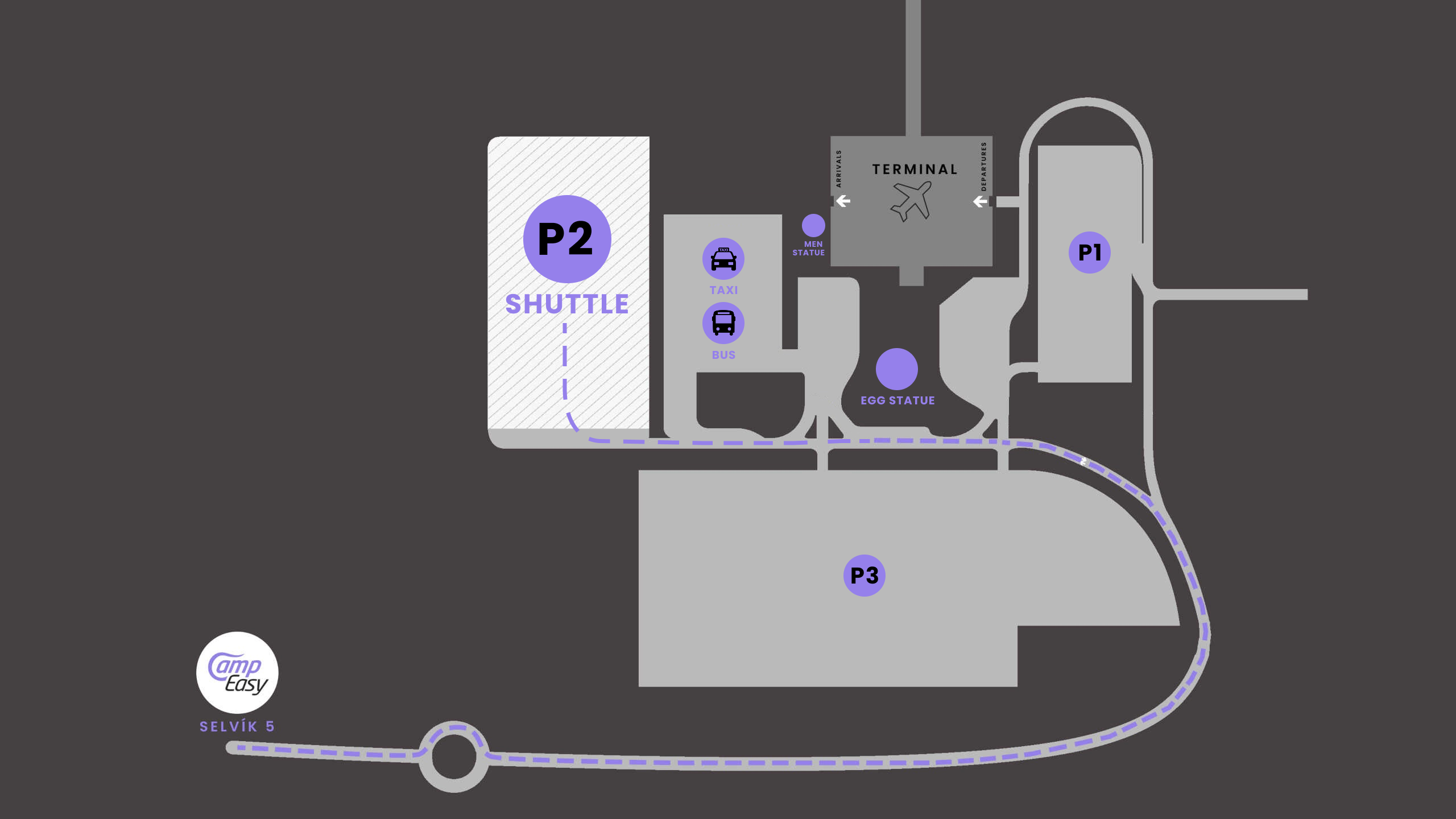 A stylized map of Keflavík Airport highlighting P2 Parking, the terminal, taxi area, and route to Camp Easy at Selvik 5.