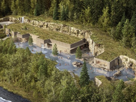 Aerial view of a serene outdoor spa nestled in a forest. Wooden buildings with green roofs surround geothermal pools, creating a tranquil, natural retreat.
