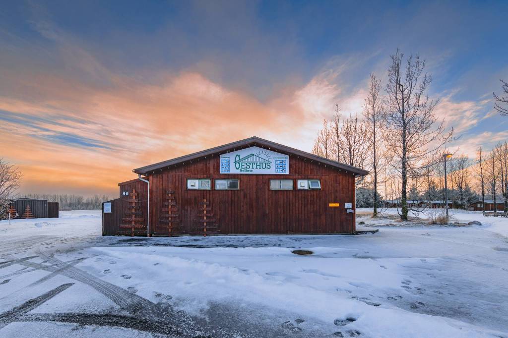 A building on a snow-covered campground.