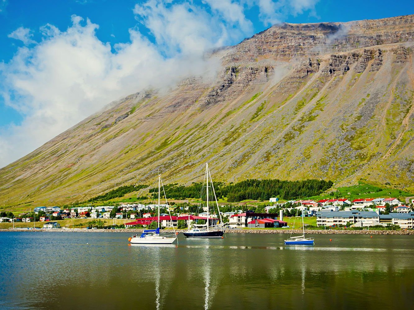 Scenic view of boats on a calm fjord with a small coastal town and a steep, green hillside under a bright blue sky. The setting feels serene and picturesque.