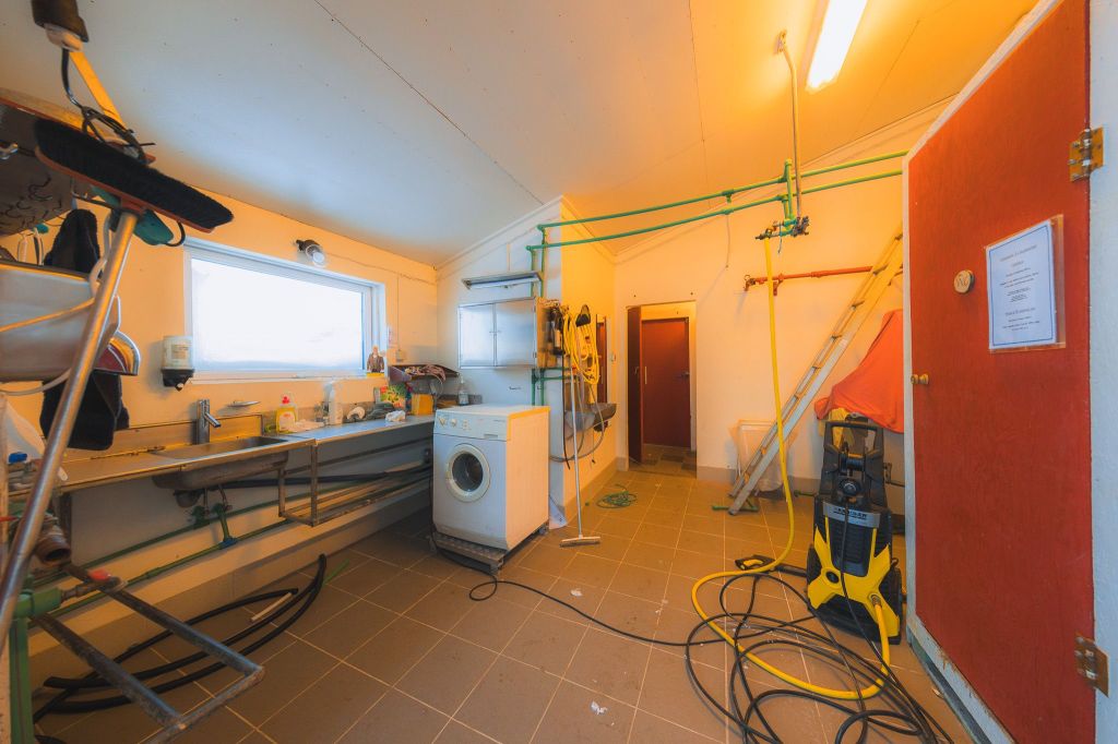Utility room with a washing machine, sink, shelves filled with supplies, and a pressure washer. Brightly lit, organized space with pipes and cables.