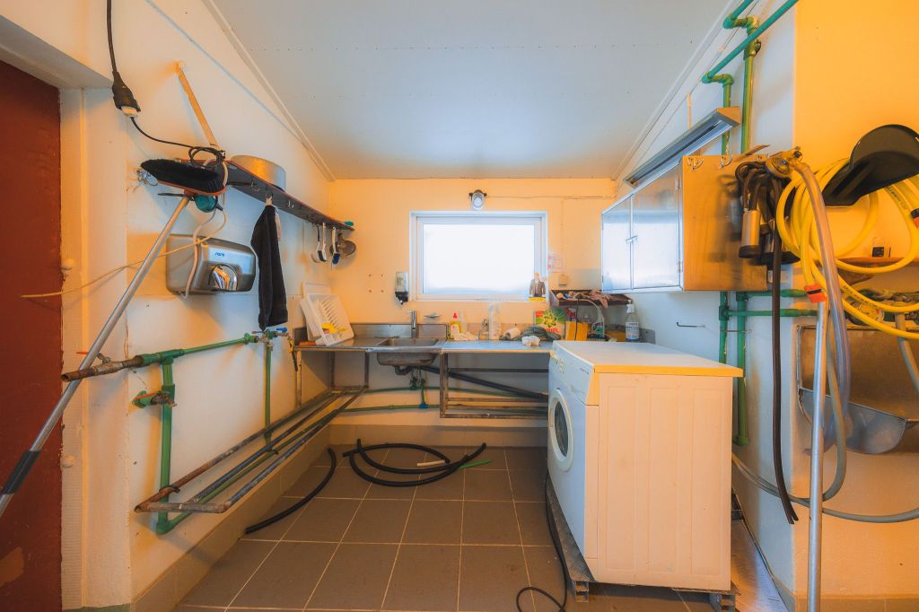 A cluttered utility room with a washing machine, pipes, cleaning supplies, and hoses. Light streams in through a window, creating a busy, functional feel.