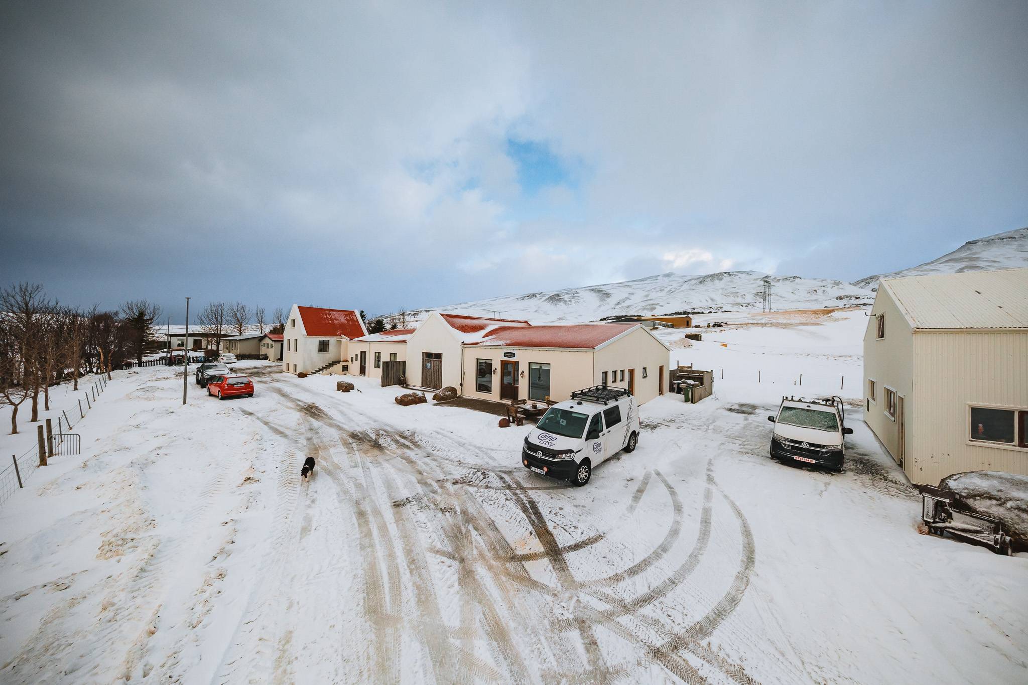 Snow-covered rural scene with white houses and red roofs, surrounded by snowy mountains. Vehicles and a dog are on the snow-covered road, under a cloudy sky.