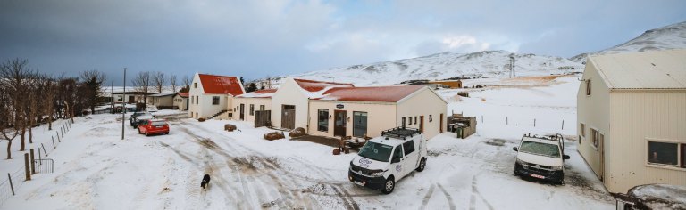 Snow-covered street with houses featuring red and white roofs, parked cars, and mountains in the background under a cloudy sky.