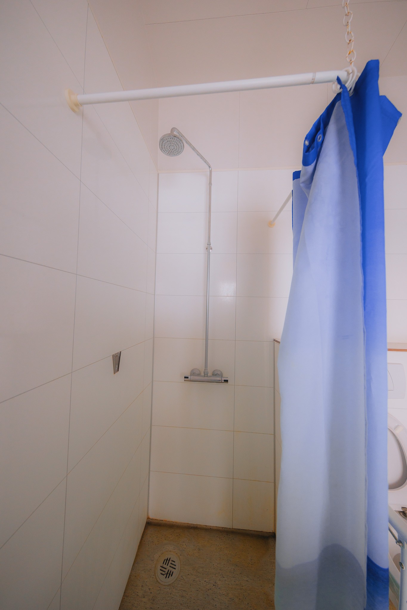 A simple white-tiled shower with a silver showerhead and a partial view of a blue shower curtain on the right. The floor has a circular drain.