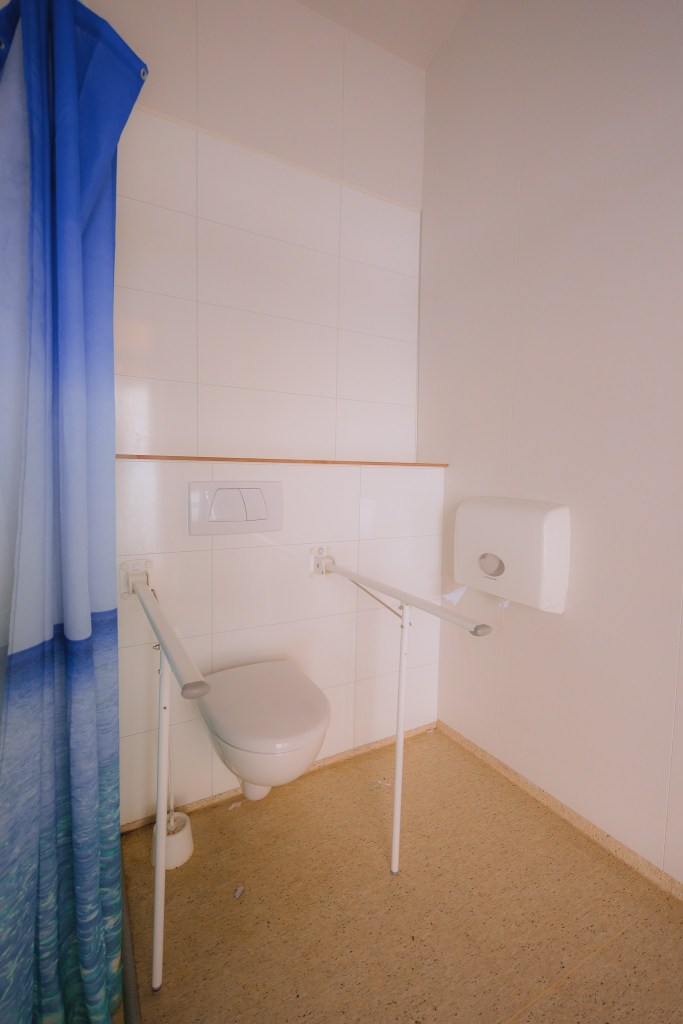 Accessible bathroom with white tiles, featuring a wall-mounted toilet with safety rails. A blue curtain and toilet paper dispenser are visible.