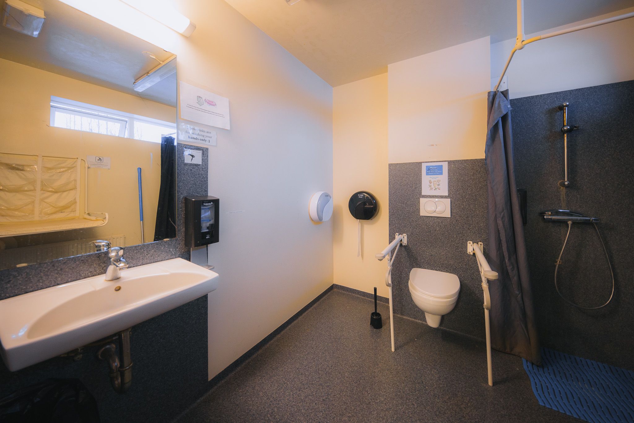 Accessible bathroom with a wide layout, including a lowered sink, toilet with support rails, and a wheelchair-accessible shower area.
