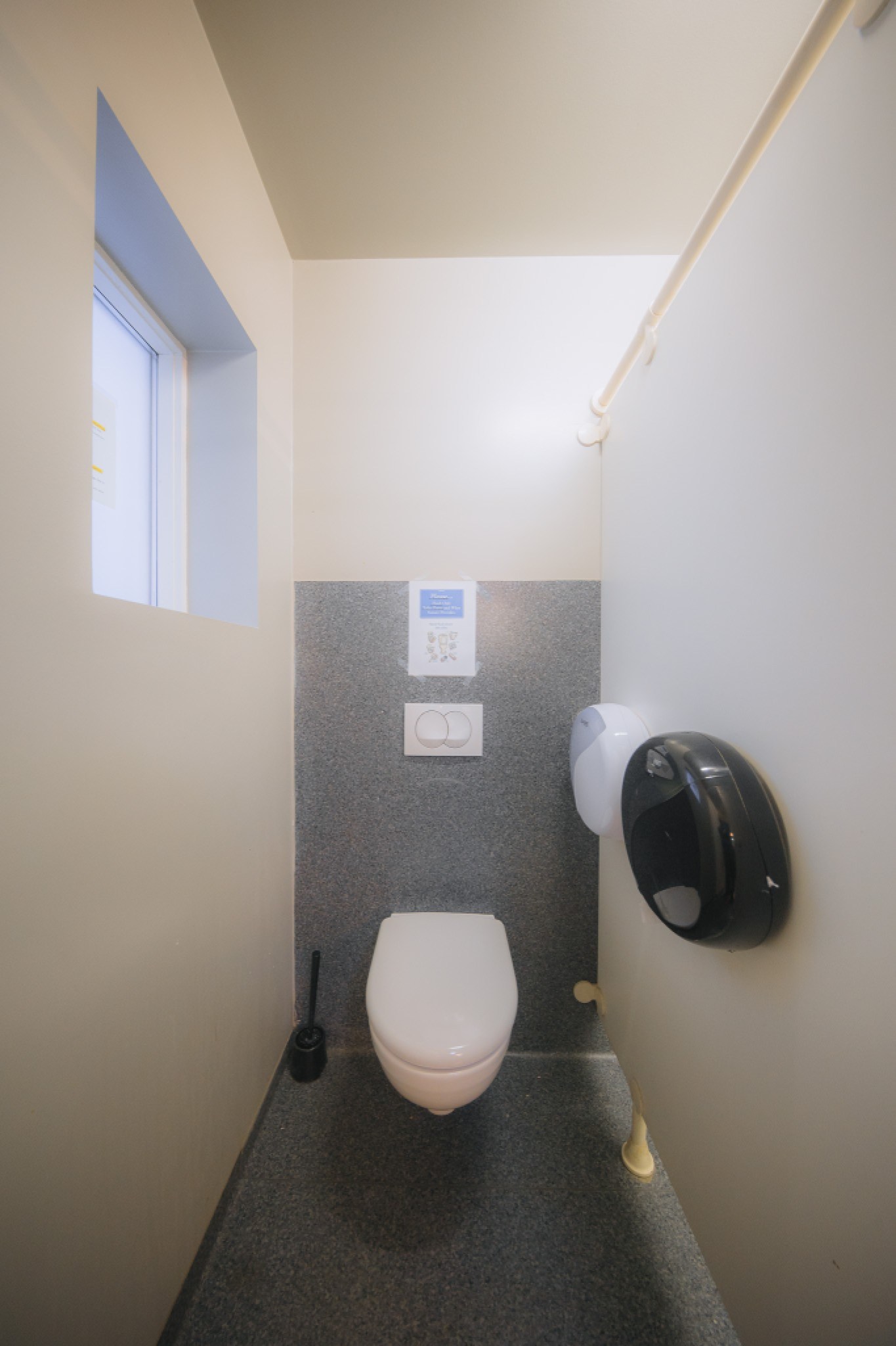 Small, modern bathroom with a wall-mounted toilet, toilet paper dispenser, plunger, and a window.