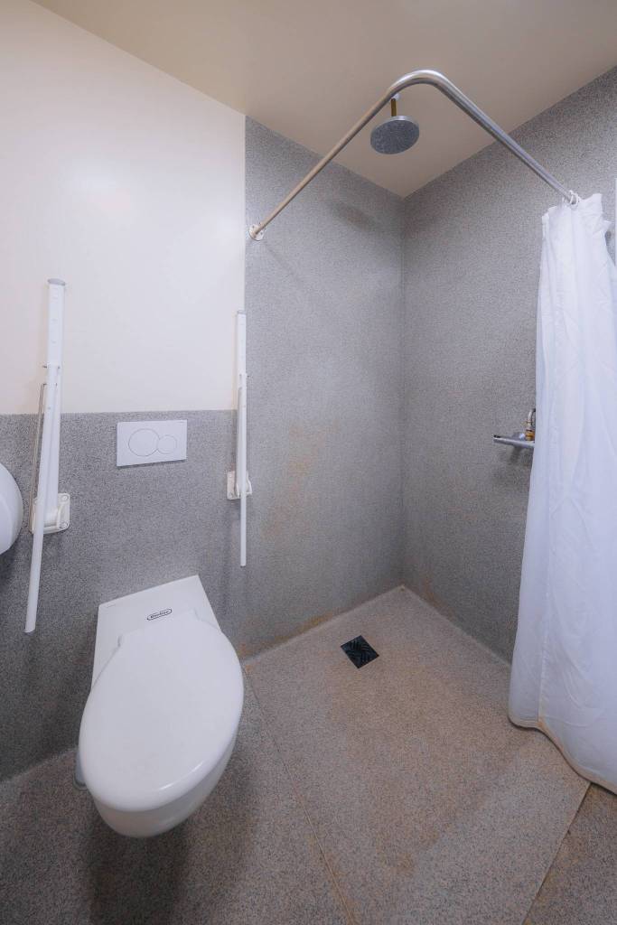 Accessible bathroom with a wall-mounted toilet and grab bars. A walk-in shower with a curtain and overhead rain showerhead is adjacent.