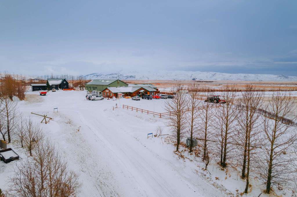 Snow-covered rural scene with buildings and vehicles in the center. Bare trees line a snowy path, with distant mountains under a cloudy sky.