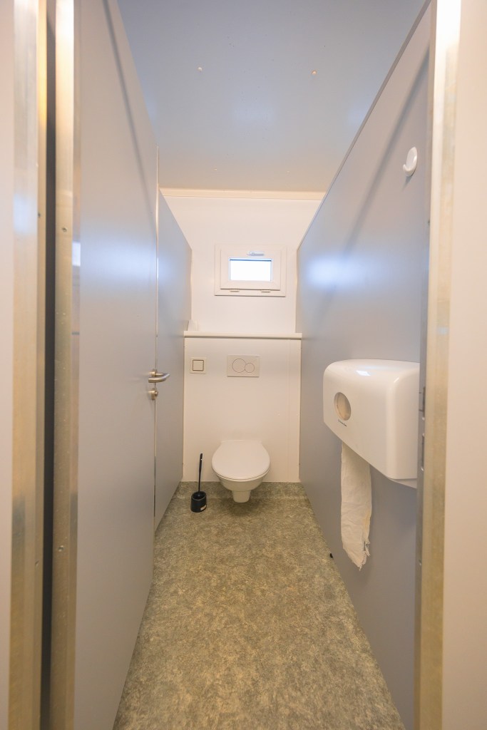 Narrow public restroom with closed toilet, toilet paper dispenser on the right wall, a small window above, and a ceiling light.