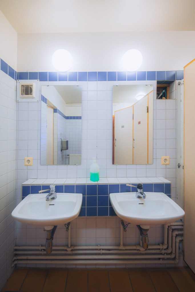 Public restroom with two white sinks, blue-tiled walls, two mirrors, and bright overhead lights. A green soap dispenser is centered on the counter.