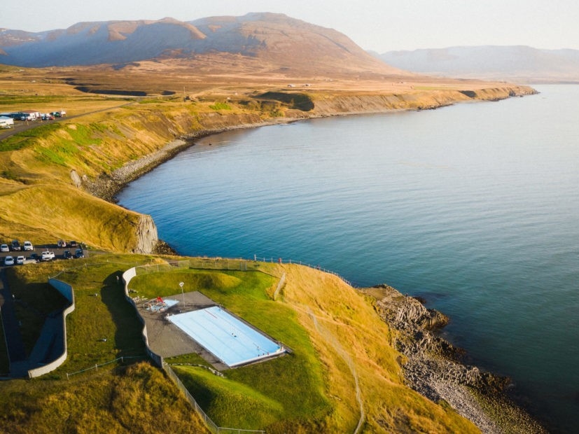The swimming pool in Hofsós is one of the most beautiful swimming pools in Iceland. It was built in the hillside over the sea and the view from it is over the fjord and to Drangey island.