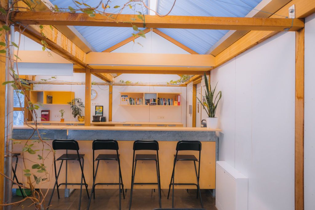 A cozy kitchen-bar area with four black stools, light wood finish, indoor plants, and shelves with books and decor.