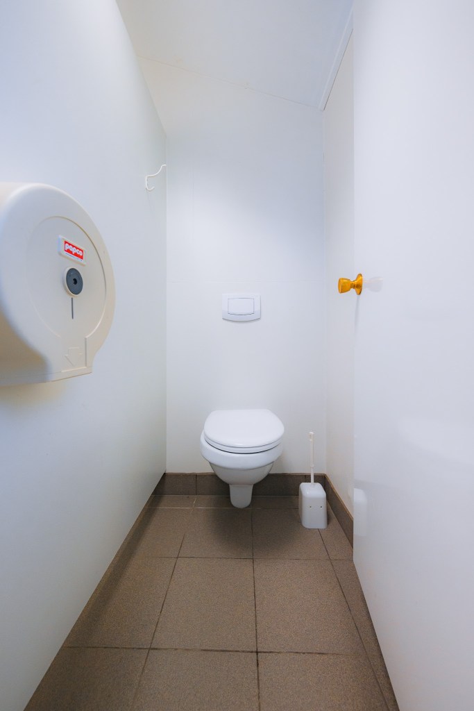 Small, clean white bathroom with a wall-mounted toilet, toilet paper dispenser, and a brush on the floor.