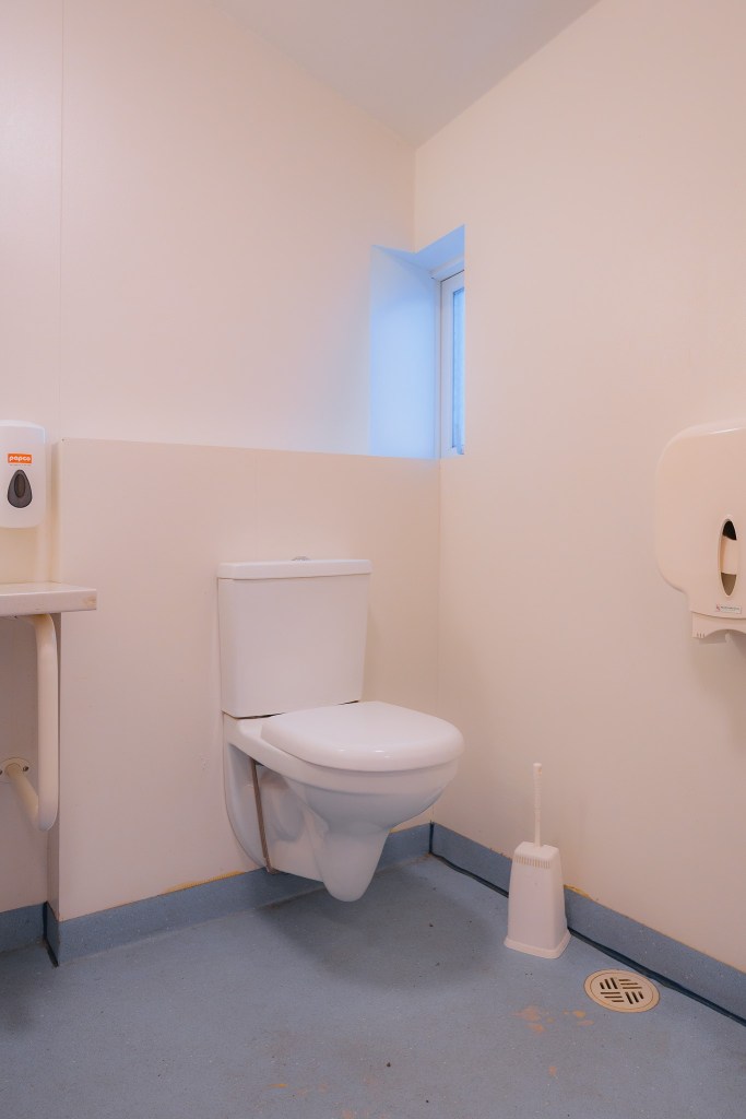 Clean, white restroom with a wall-mounted toilet, toilet brush, light blue floor, and a small window. Soap dispenser and toilet paper holder are visible.