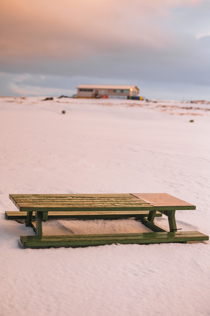 A green picnic table sits on a snowy field under a soft, orange-pink sky. A distant building is visible.