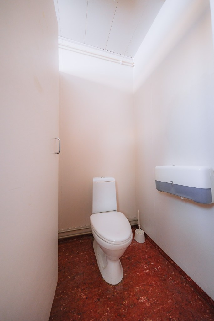 Small, simple bathroom with white walls and a red-brown floor. Features a toilet, toilet brush, and wall-mounted toilet paper holder.