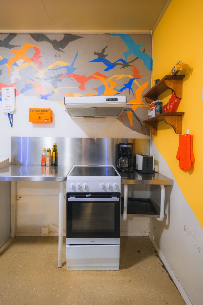A small kitchen features a stove with stainless steel counters. A bright mural of colorful birds covers the wall. A red oven mitt hangs nearby.